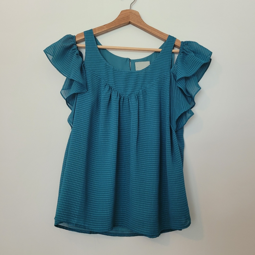 Anthropologie Maeve Blue Green Ruffled Cold Shoulder Top Size 8